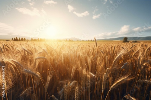 A bright field of golden wheat under a sunny sky. Generative AI