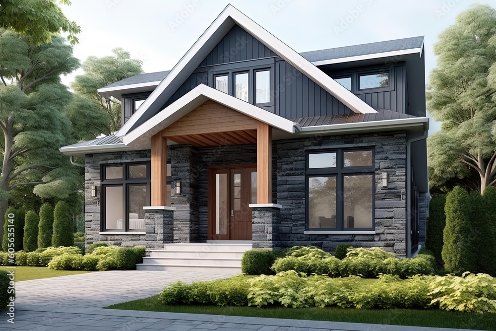 Innovative Features and Navy Blue Siding: Discover the Eye-Catching Charm of This New Development House with a Single Car Garage and Natural Stone Entrance, generative AI