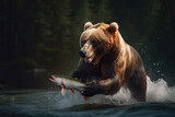 Stunning brown bear catching salmon fish. Amazing wild life. Generative Ai