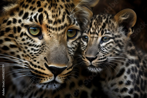 Stunning portrait of mother and baby leopard. Amazing wild life. Generative Ai