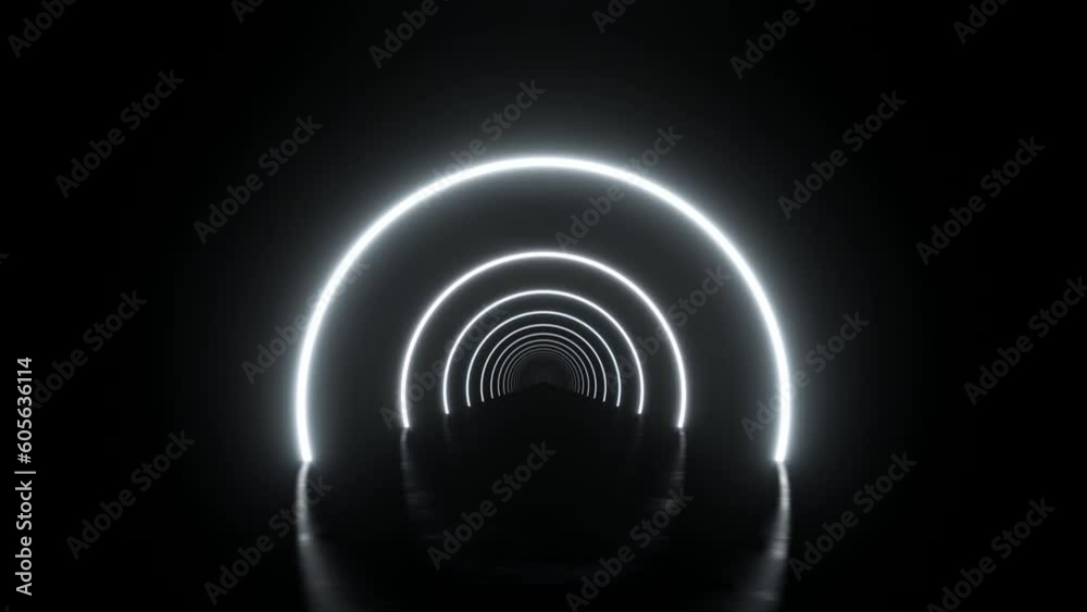  Abstract of glowing circles neon light tunnel in the dark. Loop 3d animation.