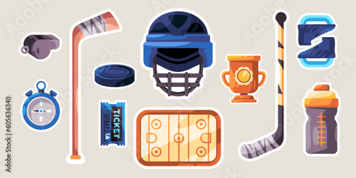 Ice hockey object equipment collection set illustration sticker style from stick skate puck to arena