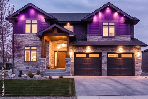 Sleek Architecture and Natural Stone Details highlight Fashionable 2-Car Garage Residence with Purple Siding, generative AI © Michael