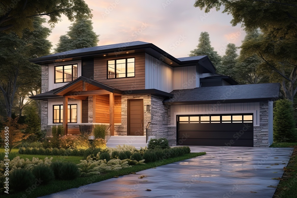Fresh & Fashionable Home Design with Sleek Architecture, Coral Siding, and Natural Stone Details - Includes 2-Car Garage, generative AI Fresh & Fashionable Home Design with Sleek Architecture, Coral Siding, and Natural Stone Details - Includes 2-Car Garage, generative AI