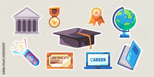 Education graduation college university academic object collection set illustration sticker style