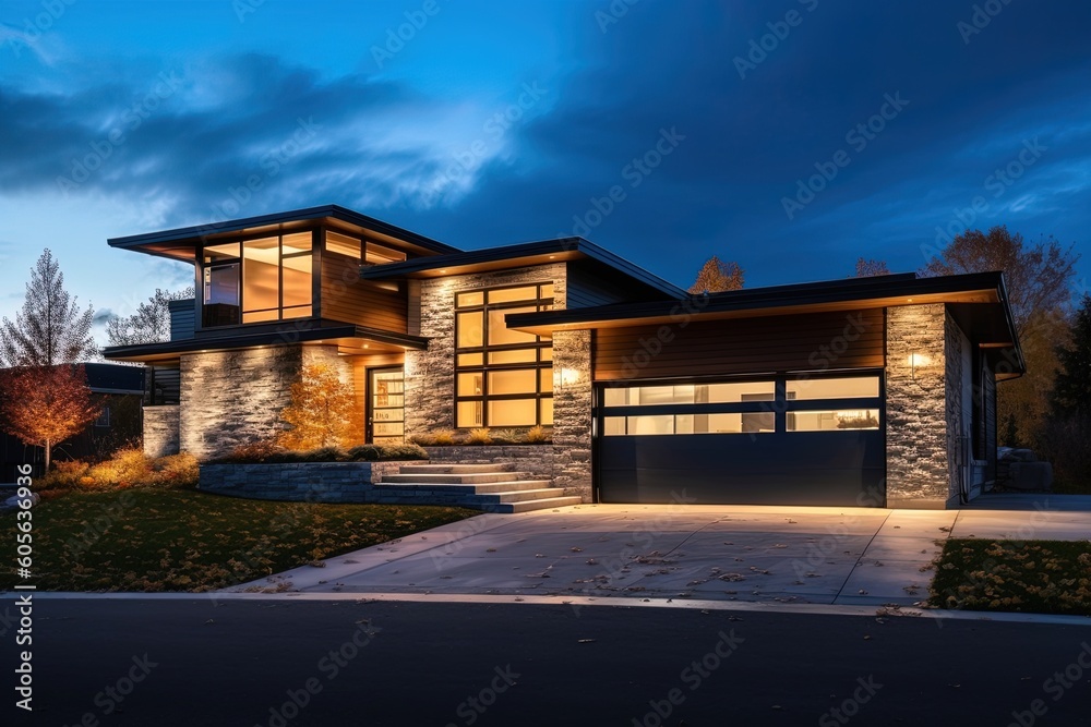 Sleek Architecture Meets Natural Stone: A Fashionable Fresh Build Residence with Two-Car Garage and Dark Blue Siding, generative AI