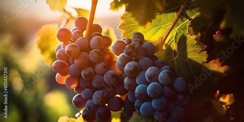 bunch of grapes in the sun vineyards  harvest  banner  illustration. Generative AI 