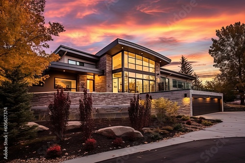 Contemporary Design and Natural Stone Accents Complement Futuristic Property with Three-Car Garage and Burgundy Siding, generative AI