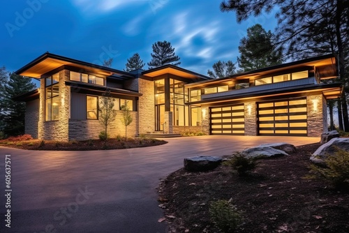 Contemporary Design meets Futuristic Amenities: A Brand New Property with Three-Car Garage, Light Green Siding, and Natural Stone Accents, generative AI