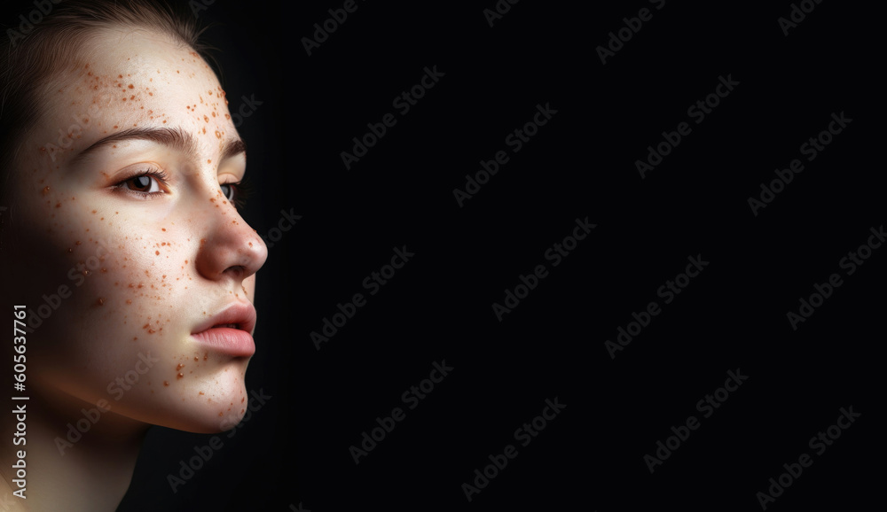 Fototapeta premium Glowing Beauty: Woman Closeup Shot Revealing Skin Condition. Copy space black background. Generative AI