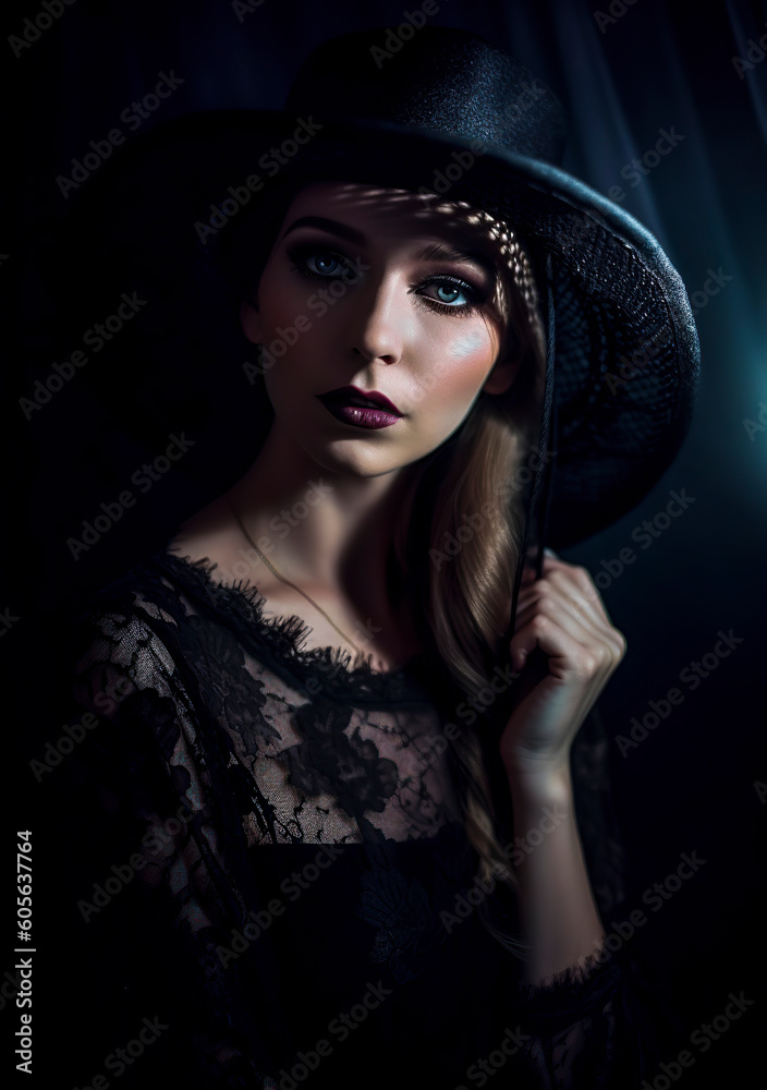 Black Elegance: A Stunning Woman Shines in her Stylish Black Dress and Hat, ai generative Black Elegance: A Stunning Woman Shines in her Stylish Black Dress and Hat, ai generative