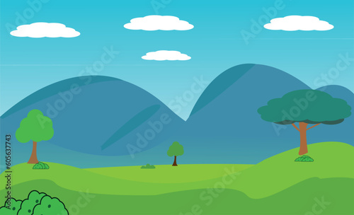 Vector illustration of a beautiful trees nature and hill laandscape background. cute simple  cartoon style