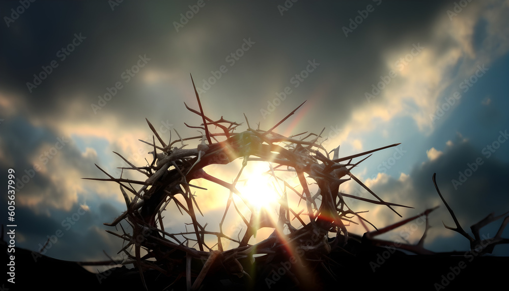 Crown of thorns against heavenly divine sunset light and sky, christian