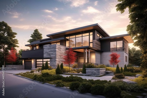 Contemporary Design on Futuristic Property with 3-Car Garage and Coral Siding, Enhanced by Natural Stone Accents, generative AI