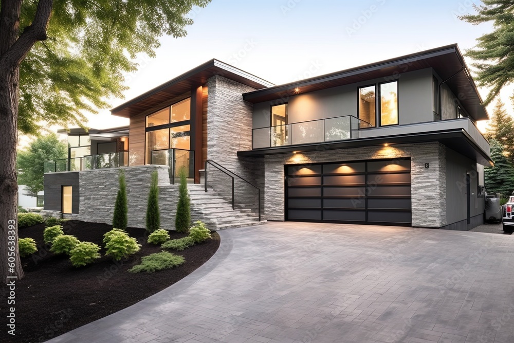 Contemporary Design with Three-Car Garage and Natural Stone Accents in a Futuristic Property with Light Gray Siding, generative AI Contemporary Design with Three-Car Garage and Natural Stone Accents in a Futuristic Property with Light Gray Siding, generative AI