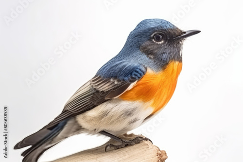 Blue and orange bird perching on thin wood, Generative ai