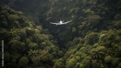 Liner tourist plane flies over the forested tropical jungle in the morning sun. Exotic travel. AI generated. photo