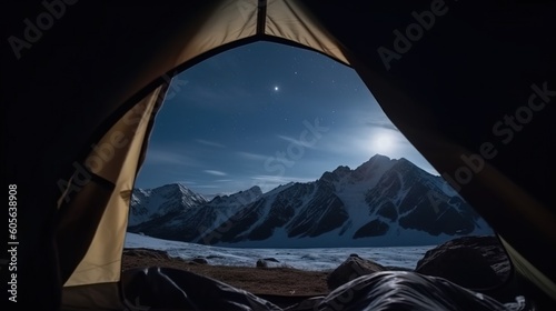 View from camp tent to the night snow-capped mountain peaks, active recreation. Travel in nature, tourism, extreme leisure. AI generated.