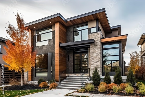 Modern Two-Car Garage Home with Innovative Design Features: Bronze Siding and Natural Stone Staircase, generative AI