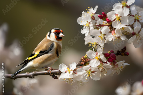 European goldfinch Carduelis Carduelis on branch, Generative ai © Marius