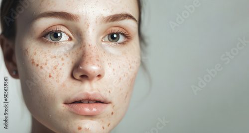 Glowing Beauty: Woman Closeup Shot Revealing Skin Condition. Copy space light gray background. Generative AI photo