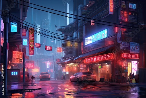 Cyberpunk street 2D mobile game background, Cyberpunk city environment, neon city background. Generated by AI