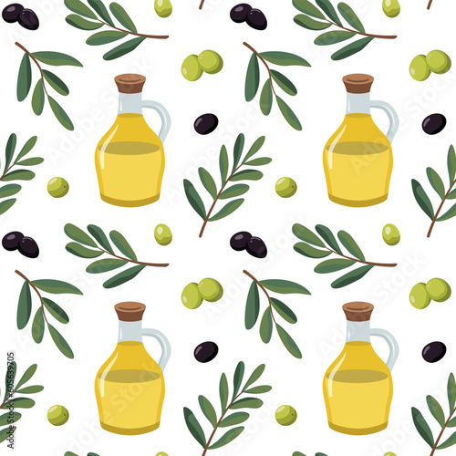 Vector seamless pattern with ripe olives and a bottle of olive oil. Isolated on white background. Design for wrapping paper, wallpaper, and backdrop.