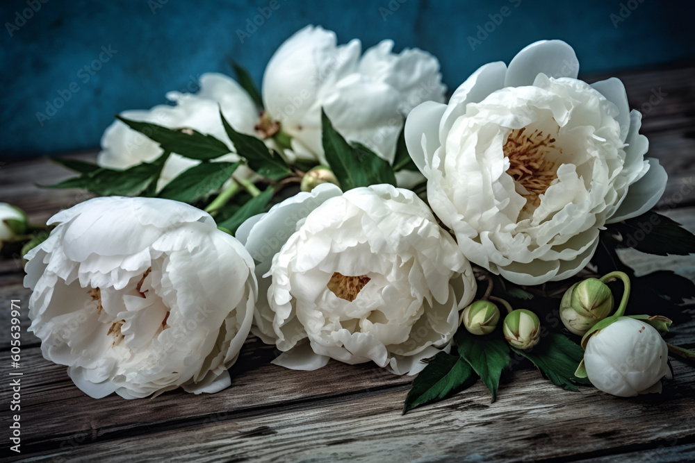 White peonies on the old blue background. Top view.Generation AI White peonies on the old blue background. Top view.Generation AI