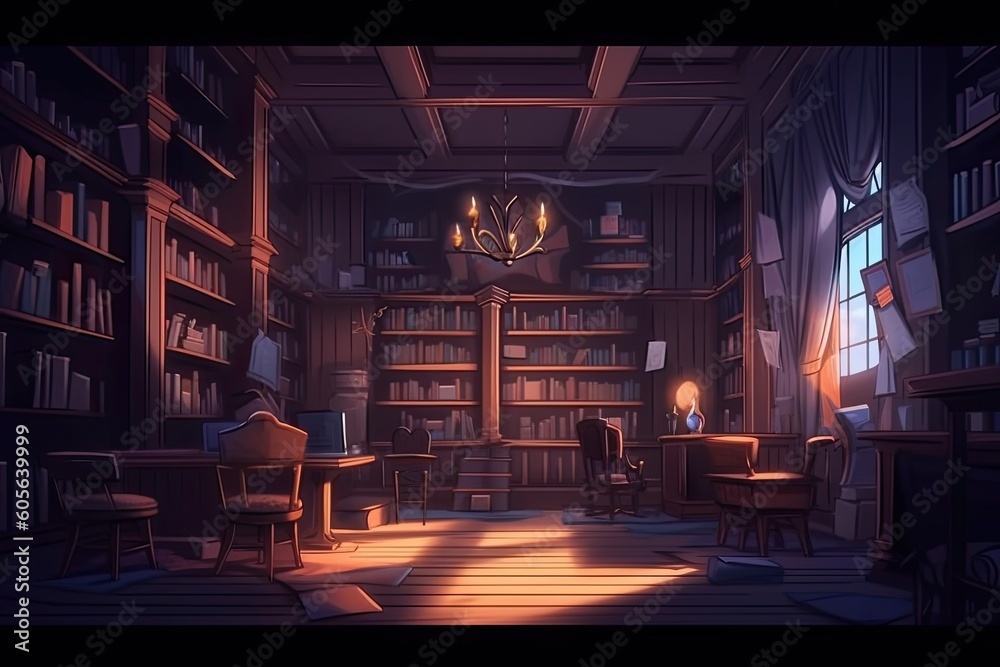 Library 2D mobile game background, rpg environment, classic library background, Generated by AI - obrazy, fototapety, plakaty 