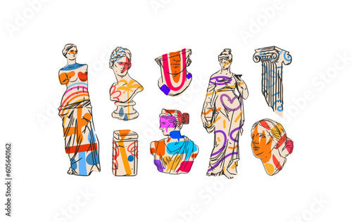 Hand drawn vector abstract outline,graphic,contemporary greek ancient sculpture statues and columns line set.Antique classic statue in trendy graffity style,outline design concept.Sculpture art set.