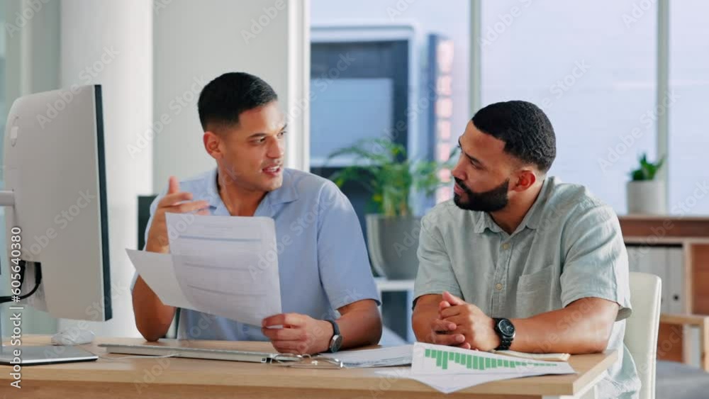 Business people, documents and meeting in analytics for strategy, planning or finance at office. Businessmen talking or discussing paperwork for company expenses, budget or statistics at workplace Business people, documents and meeting in analytics for strategy, planning or finance at office. Businessmen talking or discussing paperwork for company expenses, budget or statistics at workplace