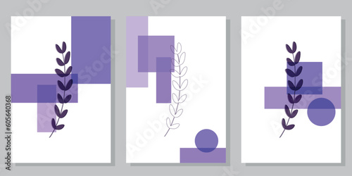 Set of minimalist posters with botanical elements and purple geometric shapes. For interior decoration, print and design