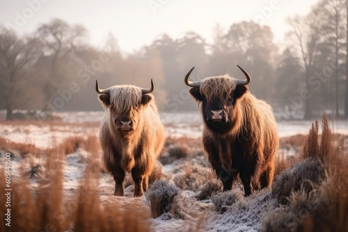 Hairy scottish highlanders in a natural winter landscape, Generative ai