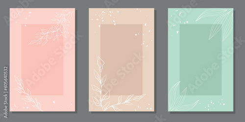 Set of botanical templates in pastel colors with hand drawn botanical elements. For posters, postcards, invitation, cover, social media post