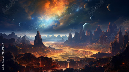 An enchanting 3D render of a celestial landscape. Swirling clouds of golden dust and shimmering stars in the background. Generative AI.  © NoOneSaid