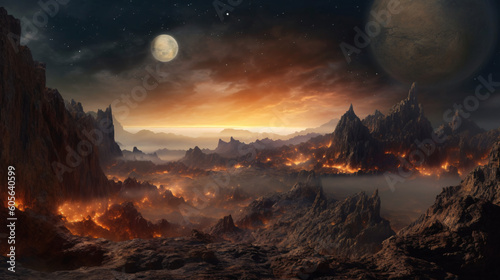 An enchanting 3D render of a celestial landscape. Swirling clouds of golden dust and shimmering stars in the background. Generative AI. 