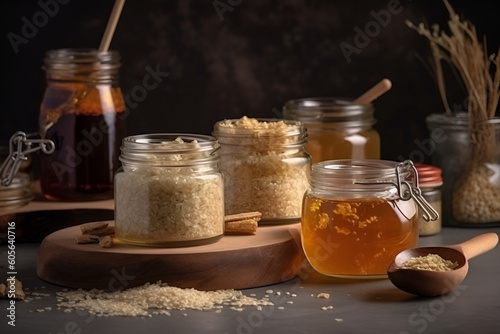 Body scrub of oatmeal, sugar, honey and oil on dark background. Generation AI