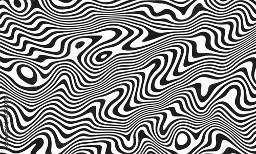 Liquid optical illusion effect. Hypnotic background with black and white lines. Vector illustration.