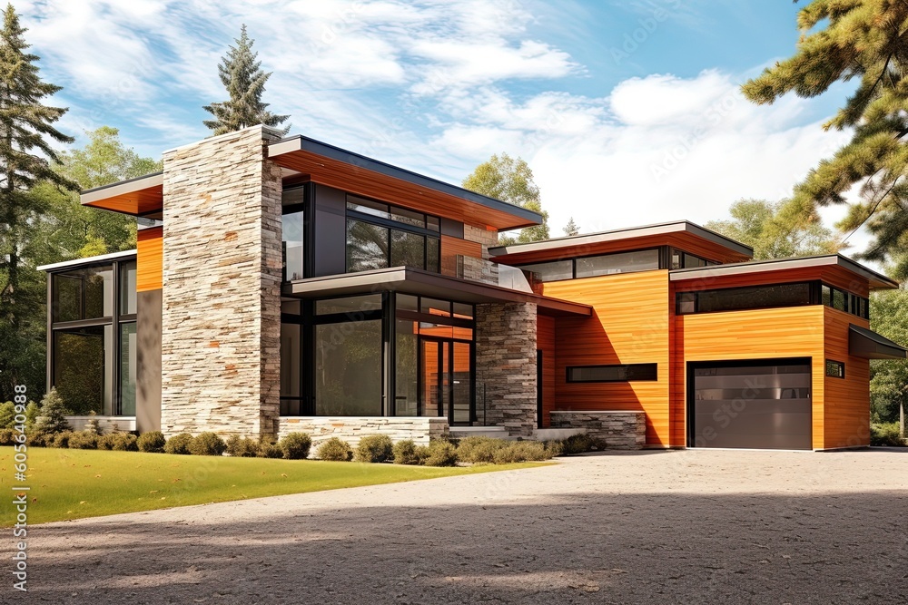 Contemporary Layout in a Minimalist New Build Home with Natural Stone Walls and Two-Car Garage Featuring Vibrant Orange Siding, generative AI Contemporary Layout in a Minimalist New Build Home with Natural Stone Walls and Two-Car Garage Featuring Vibrant Orange Siding, generative AI