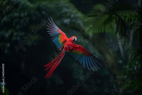 Macaw parrot flying in the forest, Generative ai