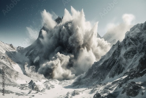 Print op canvas Illustration depicting a mountain avalanche with a cloud of snow dust