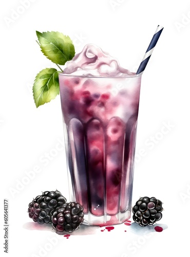 Blackberry cocktail on white background in watercolor style. Generative AI.