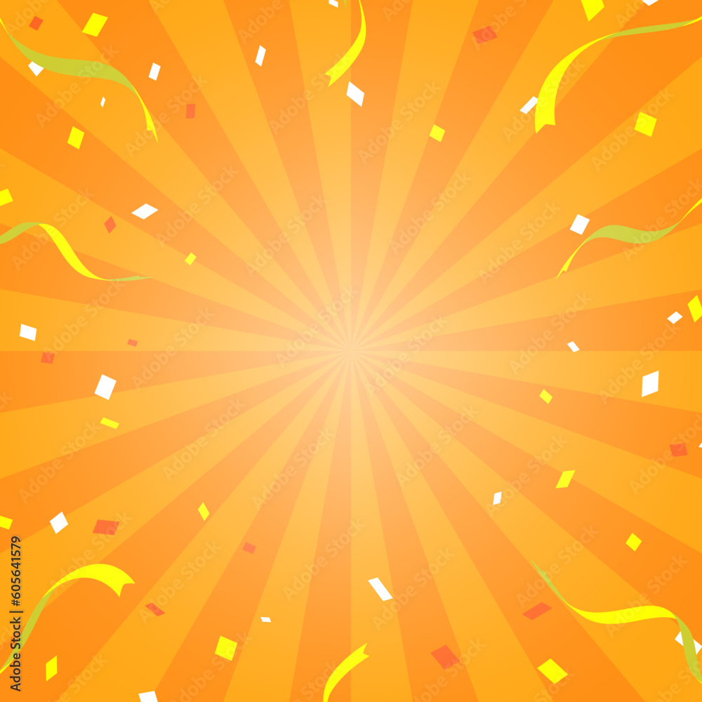 Obraz premium リボンや紙吹雪が舞うサンバーストの背景イラスト（オレンジ色、正方形）