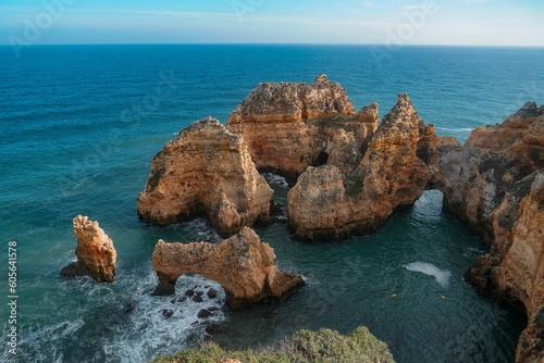 Aerial landscape of the rocky cliffs of Ponta da Piedade in Algarve, Portugal