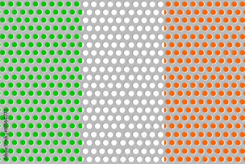 Illustration of the flag of Ireland behind a metal fence with circular details.