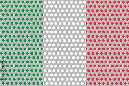 Illustration of the flag of Italy behind a metal fence with circular details.