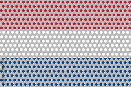 Illustration of the flag of The Netherlands behind a metal fence with circular details.