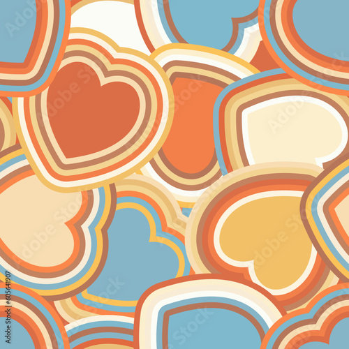 Vector seamless pattern in retro groovy style. Hearts in warm colors perfect for scrapbooking, textile, wrapping paper and stationery for kids and adults.