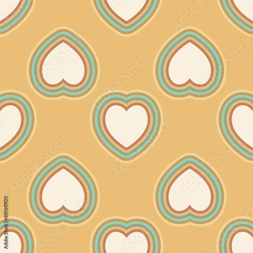 Vector seamless pattern in retro groovy style. Hearts in warm light colors perfect for scrapbooking, textile, wrapping paper and stationery for kids and adults.