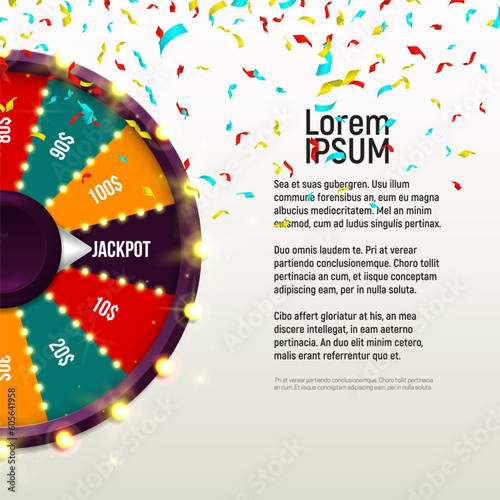 Wheel of fortune with confetti. Spinning lucky roulette on a bright background. Vector illustration.